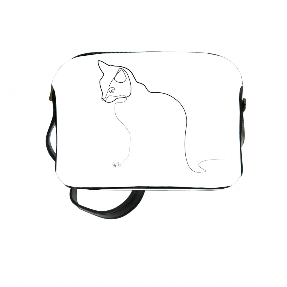 Sac Bandouilère Tissu Quibe "Chat" Fond blanc